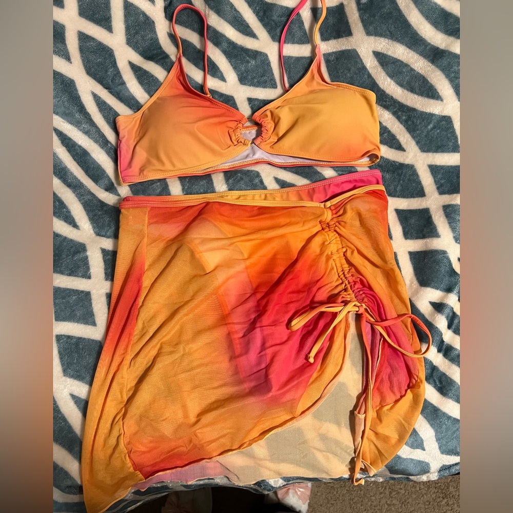 Shein hawaii orange 2 piece set swimsuit with cover up size XL